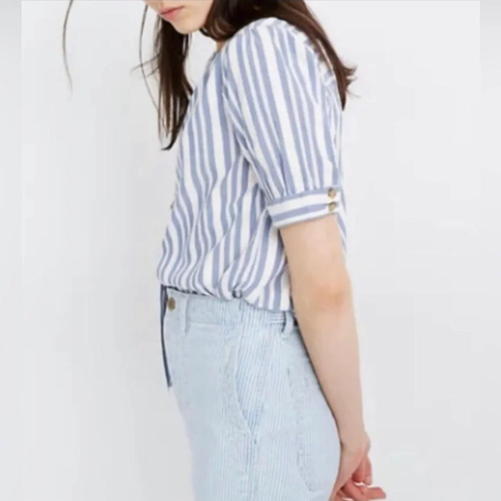 Madewell Blue and White Striped Button Front Blouse